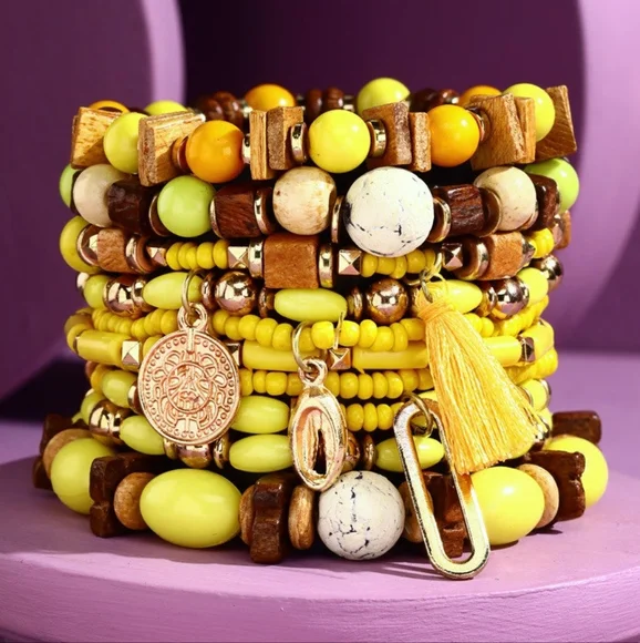Dazzling Beaded Boho Stretch Bracelet Set w/ Gold Tone Charms & Tassel - Picture 2 of 2